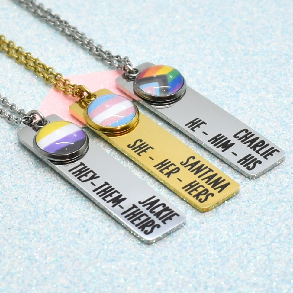 LGBTQ Pride necklace featuring name, pronoun and custom flag